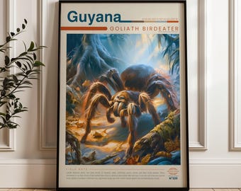 Goliath Birdeater Travel Poster, Rainforest Wall Art, Illustrated Wildlife Animal Print, Guyana Nature Home Decor