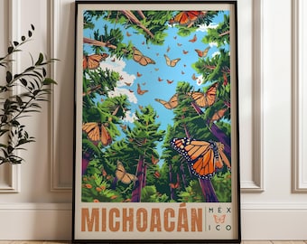 Póster de viaje de la mariposa monarca en México: Lámina decorativa de la naturaleza de Michoacán