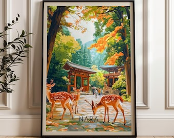 Nara Park Japan Travel Poster: Bowing Deer Illustration