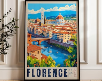 Florence Italy Travel Poster: Duomo & River Arno Art Print