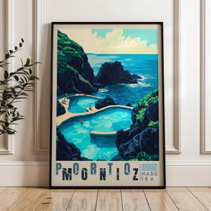 Póster de viaje de Porto Moniz, impresión artística mural de Portugal, ilustración de piscina natural, decoración para el hogar y la oficina en el océano Atlántico, idea de regalo de Madeira