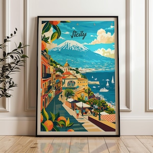 Poster di viaggio in Sicilia - Stampa artistica da parete Italia, Poster con illustrazione del vulcano, Arredamento per la casa e l'ufficio, Idea regalo, Stampa di viaggio sull'Etna, Poster di Taormina