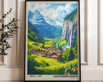 ラウターブルンネン スイス旅行ポスター: 山のイラスト アート