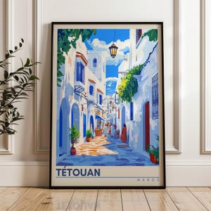 Poster de voyage Tétouan - Impression d'art mural Maroc, oeuvre d'illustration, décoration de maison et de bureau, idée cadeau, village méditerranéen, al-Maghrib