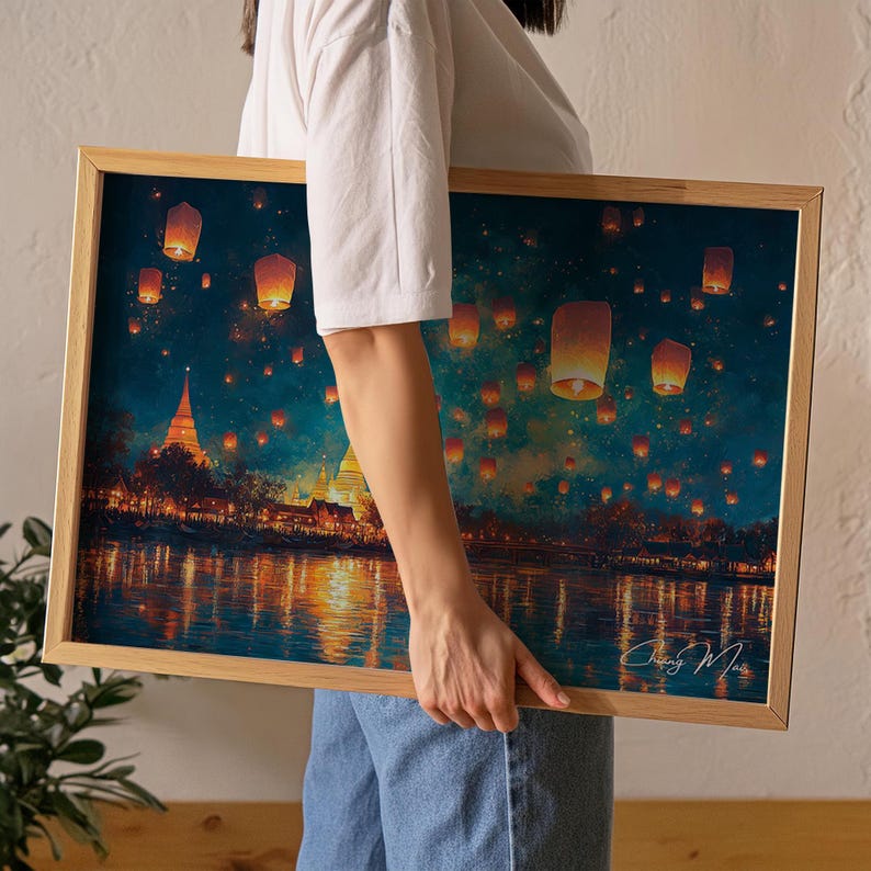 Chiang Mai Lantern Festival Horizontal Print, Thailand Nightscape Art image 7