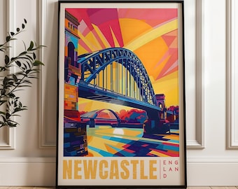 Poster di viaggio di Newcastle: stampa artistica murale con paesaggio urbano inglese.