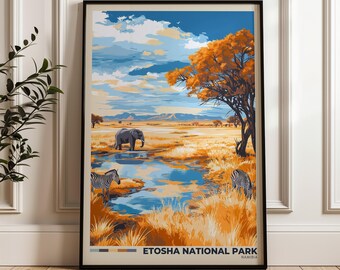 May include: A framed travel poster featuring a landscape of Etosha National Park in Namibia. The illustration depicts a blue sky with clouds, a large orange tree, a watering hole, an elephant, and two zebras in a golden savanna setting.