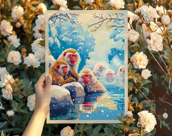 Nagano Japan Print: Macaques in Hot Spring, Winter Art - Etsy
