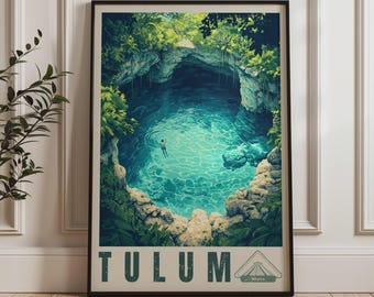 May include: A framed vertical poster featuring a vibrant illustration of a cenote in Tulum, Mexico. The artwork depicts a person swimming in clear turquoise water surrounded by rocky cliffs and lush green foliage. The text TULUM is printed below.