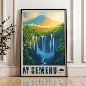 May include: A rectangular wall art print in a black frame featuring a landscape illustration of Mount Semeru in Java. The artwork depicts a large mountain peak above a lush green forest with multiple cascading waterfalls and the text MT SEMERU JAVA.