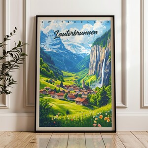 Póster de viaje de Lauterbrunnen: impresión de arte mural de Suiza, póster de ilustración, decoración del hogar y la oficina, idea de regalo, impresión de viaje, impresión de montaña