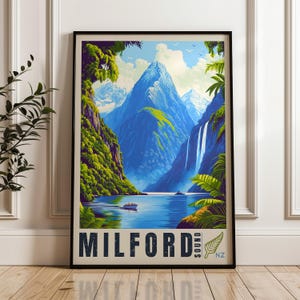 Milford Sound Reiseposter - Neuseeland Wand Kunst Druck, Illustration Poster, Haus & Büro Dekor, Geschenkidee, Piopiotahi Reisedruck