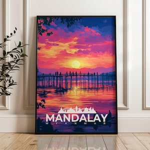 Mandalay Travel Poster - Myanmar Wall Art Print, Irrawaddy River Illustration Artwork, South East Asia Home & Office decor, Burma Gift idea