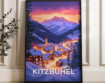 Kitzbuhel Austria Travel Poster: Ski Resort Illustration Art