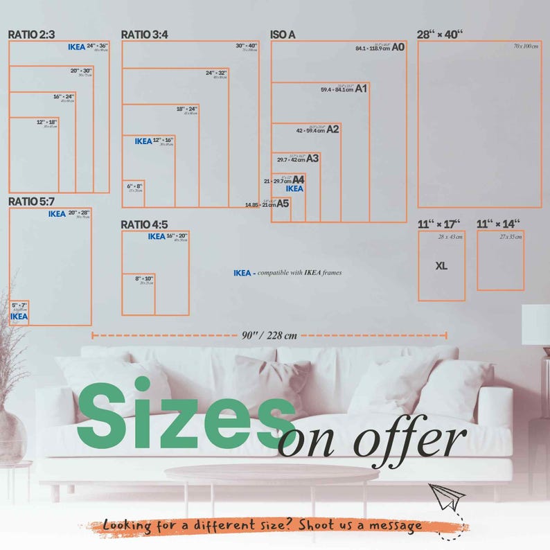 The image is a wall decal or poster that provides a visual representation of different sizes of IKEA furniture, such as couches and tables, along with their corresponding dimensions. The poster also includes the text "Sizes on offer" and a message encouraging viewers to "Look for a different size? Shoot us a message".