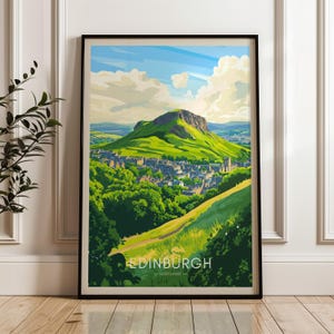 Impressão de viagem em Edimburgo - Pôster de arte de parede da Escócia, ilustração de Arthur's Seat, decoração para casa e escritório no Reino Unido, ideia de presente no Reino Unido