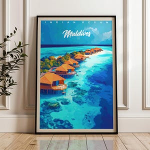 Malediven Reiseposter - Indischer Ozean Wandkunst Druck, Illustration Poster, Kunstwerk, Haus & Büro Dekor, Geschenkidee, Asien Druck, Meerlandschaft