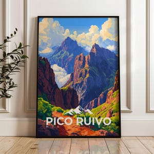 Póster de viaje a Pico Ruivo, impresión artística mural de Portugal, ilustración de senderismo, decoración atlántica para el hogar y la oficina, idea de regalo para Madeira