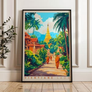 Vientiane Laos Travel Poster: Buddhist Monk Art Print
