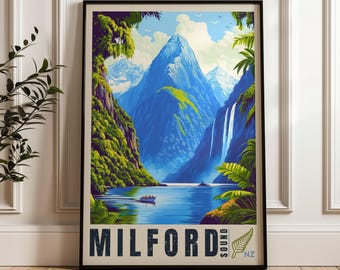 May include: A framed travel poster featuring a vibrant illustration of Milford Sound, New Zealand. The artwork depicts towering blue mountains, lush green cliffs, a cascading waterfall, and a small boat on the water. The text reads MILFORD SOUND NZ.