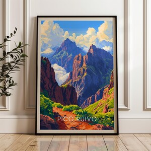 Póster de viaje a Pico Ruivo, impresión artística mural de Portugal, ilustración de senderismo, decoración atlántica para el hogar y la oficina, idea de regalo para Madeira
