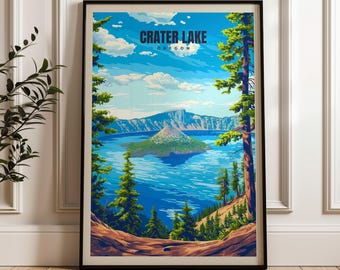 Crater Lake National Park Poster: Oregon Travel Illustration Art