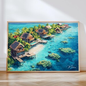 Stampa orizzontale di viaggio delle Maldive - Poster incorniciato con bungalow sull'acqua, illustrazione artistica, arredamento per casa e ufficio con tema Oceano Indiano, tropicale