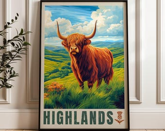 Póster de viaje de las Tierras Altas escocesas: Arte mural de paisaje vintage