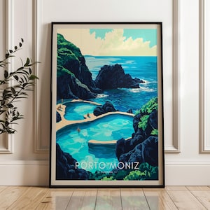 Porto Moniz Travel Poster, Portugal Wall Art Print, Natural Pool Illustration Artwork, Atlantic Ocean Home & Office decor, Madeira Gift idea