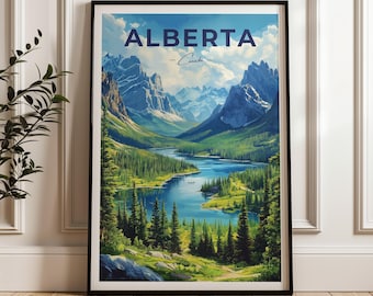 May include: A framed vertical wall art print featuring a landscape illustration of Alberta, Canada. The scene depicts a blue lake surrounded by dense green pine forests and towering, snow-capped mountain peaks under a bright, cloudy sky.