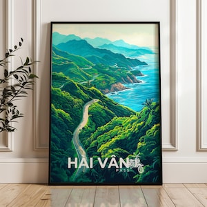 Poster di viaggio del passo di Hai Van, stampa artistica da parete del Vietnam, illustrazione di un viaggio con zaino in spalla, arredamento per la casa e l'ufficio di Da Nang, idea regalo per il sud-est asiatico