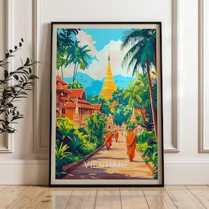 Vientiane Laos Travel Poster: Buddhist Monk Art Print
