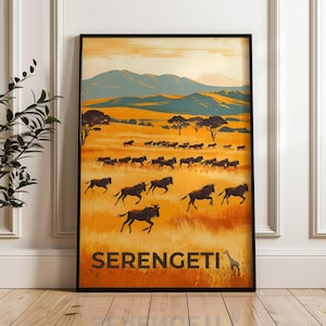 Serengeti Wildebeest Migration Art Print - Tanzania Travel Poster