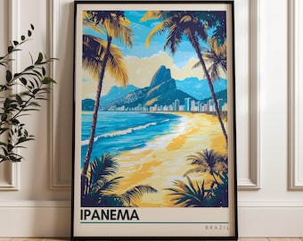 May include: A framed vertical art print featuring a vibrant illustration of Ipanema beach in Brazil. The scene depicts golden sand, blue ocean waves, and tall palm trees framing the Two Brothers mountains under a bright sky. The text reads IPANEMA BRAZIL.