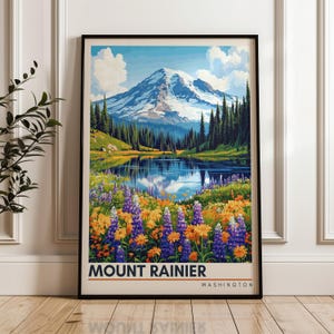Poster de voyage Mount Rainier - impression d'art mural Washington, oeuvre d'art, décoration de maison et de bureau, idée cadeau, impression de voyage aux États-Unis
