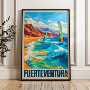 Fuerteventura Travel Poster - Spain Wall Art Print, Windsurfing Illustration Artwork, Atlantic Home & Office decor, Canary Islands Gift idea