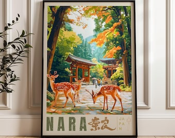 Nara Park Japan Travel Poster: Bowing Deer Illustration