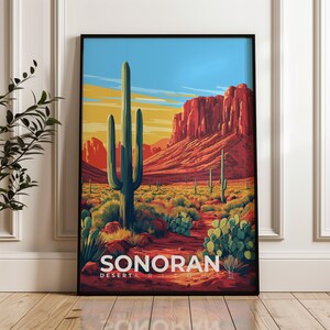 Sonoran Wüste Reiseplakat - USA, Mexiko Wand Kunst Druck, Illustration Kunstwerk, Haus & Büro Dekor, Geschenkidee, Kaktus, Kalifornien, Arizona