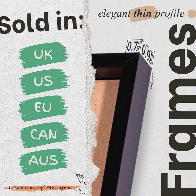 The image is a collage of various texts and images related to the sale of a product, specifically framed artwork. The text includes phrases such as "SOLD in:", "UK", "US", "EU", "CAN", "AUS", and " Frames". The image also features a price tag with "0.7" and "0.98" written on it. The overall layout and content suggest that the image is a promotional or informational piece, possibly related to the sale of framed artwork from different countries.