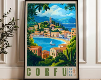 May include: A framed travel poster featuring a coastal town in Corfu, Greece. The illustration shows orange-roofed buildings, a blue bay with a sailboat, and lush green foliage framing the scene. The text CORFU GREECE is at the bottom.