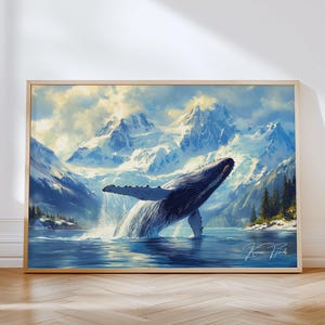 Stampa orizzontale di viaggio sui fiordi di Kenai - Poster incorniciato con illustrazioni da parete in Alaska, decorazione per casa e ufficio con animali selvatici, idea regalo con balene
