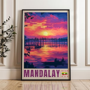 Mandalay Travel Poster - Myanmar Wall Art Print, Irrawaddy River Illustration Artwork, South East Asia Home & Office decor, Burma Gift idea