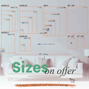 The image is a wall decal or poster that provides a visual representation of different sizes of IKEA furniture, such as couches and tables, along with their corresponding dimensions. The poster also includes the text "Sizes on offer" and a message encouraging viewers to "Look for a different size? Shoot us a message".