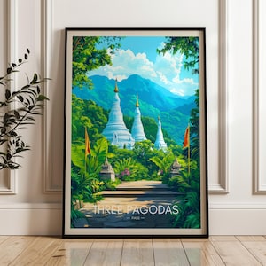 Poster di viaggio del Passo delle Tre Pagode - Stampa artistica da parete in Thailandia, Illustrazione artistica, Decorazione per casa e ufficio del Sud-est asiatico, Idea regalo per il Myanmar