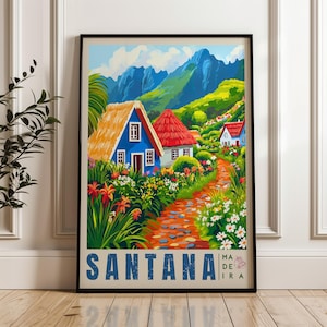 Santana Travel Poster, Portugal Wall Art Print, Casas Típicas Illustration Artwork, Atlantic Ocean Home & Office decor, Madeira Gift idea