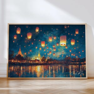 Night scene of the Chiang Mai Lantern Festival with glowing lanterns floating above temples and reflecting in the river below