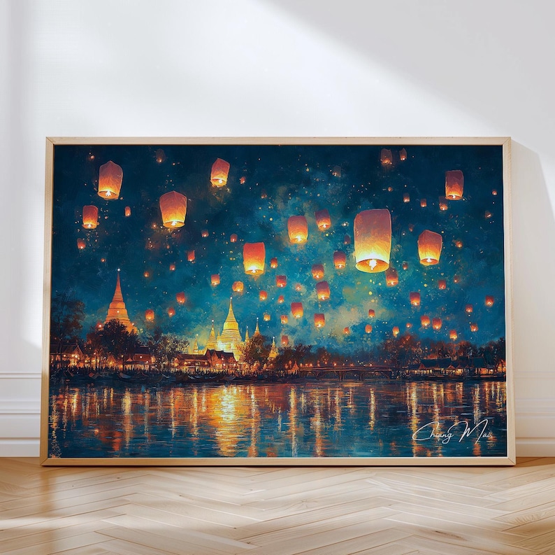 Night scene of the Chiang Mai Lantern Festival with glowing lanterns floating above temples and reflecting in the river below