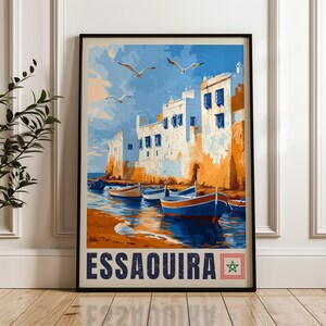 Stampa di viaggio di Essaouira - Poster da parete del Marocco, illustrazione araba, arredamento per la casa e l'ufficio di Marrakech Safi, idea regalo per l'Oceano Atlantico