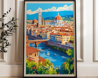 Florence Italy Travel Poster: Duomo & River Arno Art Print