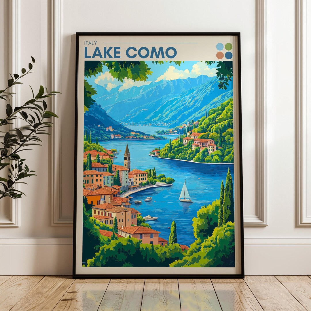lake como italy travel poster art print (digital... Lake Como Italy Travel Poster: Bellagio Illustration Art Print - Etsy